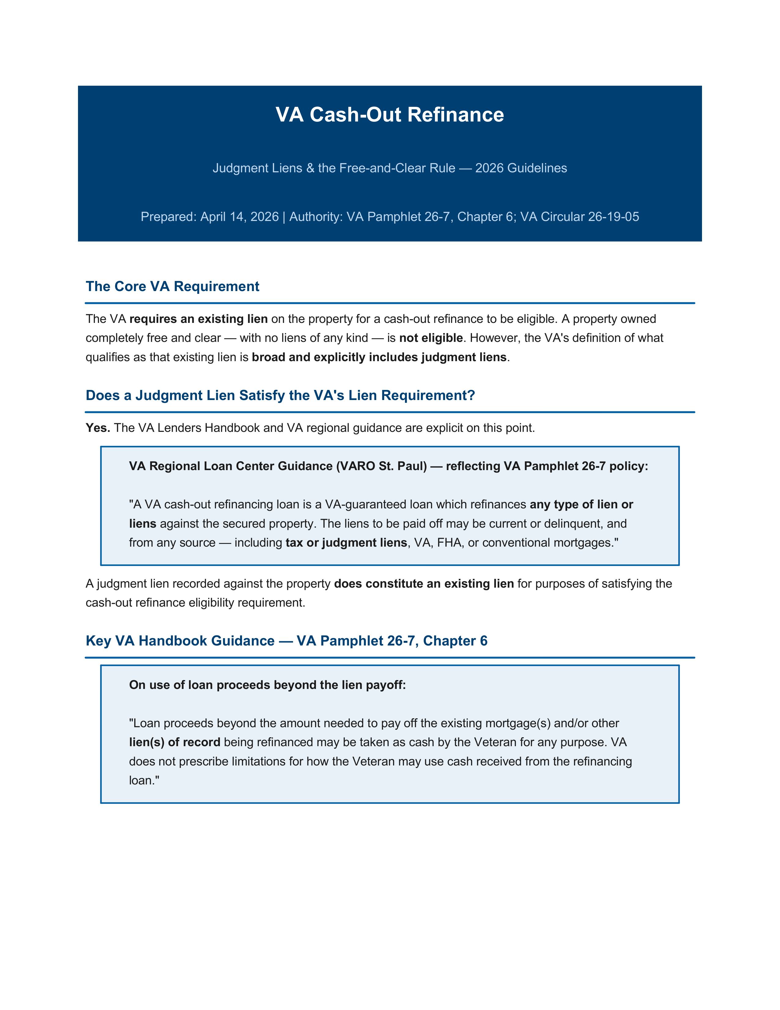 VA Cash Out Lien